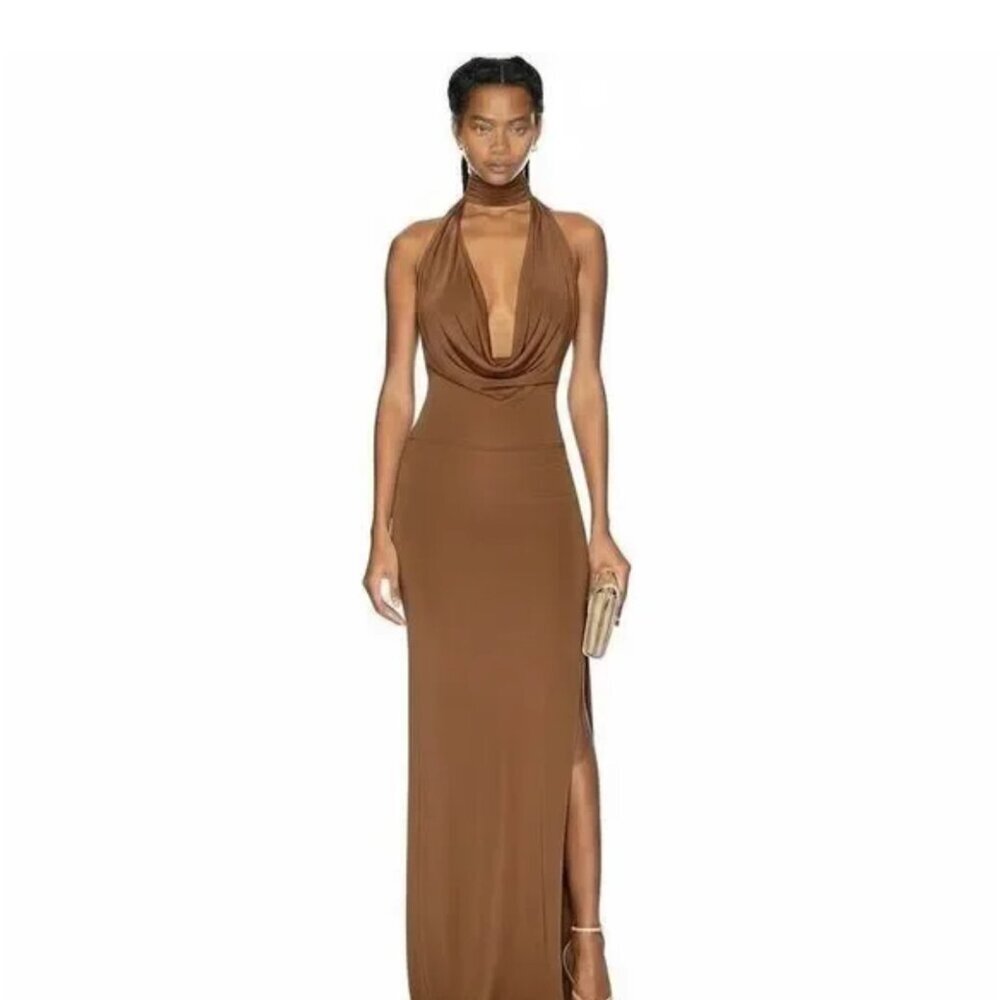 Aya Muse Edo Halter-Neck Maxi Dress Backless Knit Women's size XXS in brown NEW
